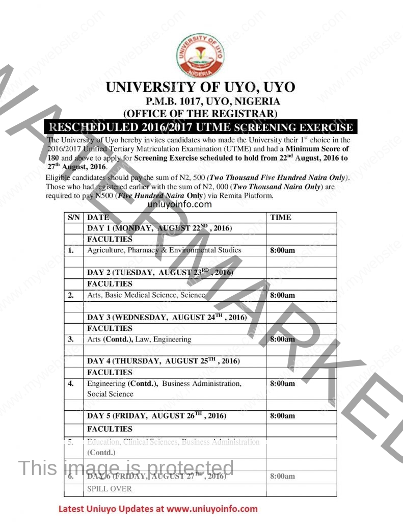 uniuyo 2016 screening timetable