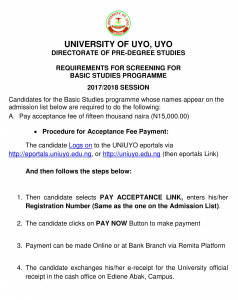 Uniuyo Basic studies screening requirements