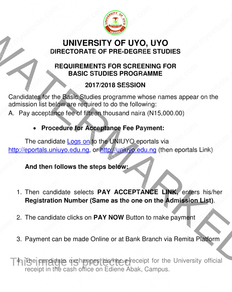 Uniuyo Basic studies screening requirements