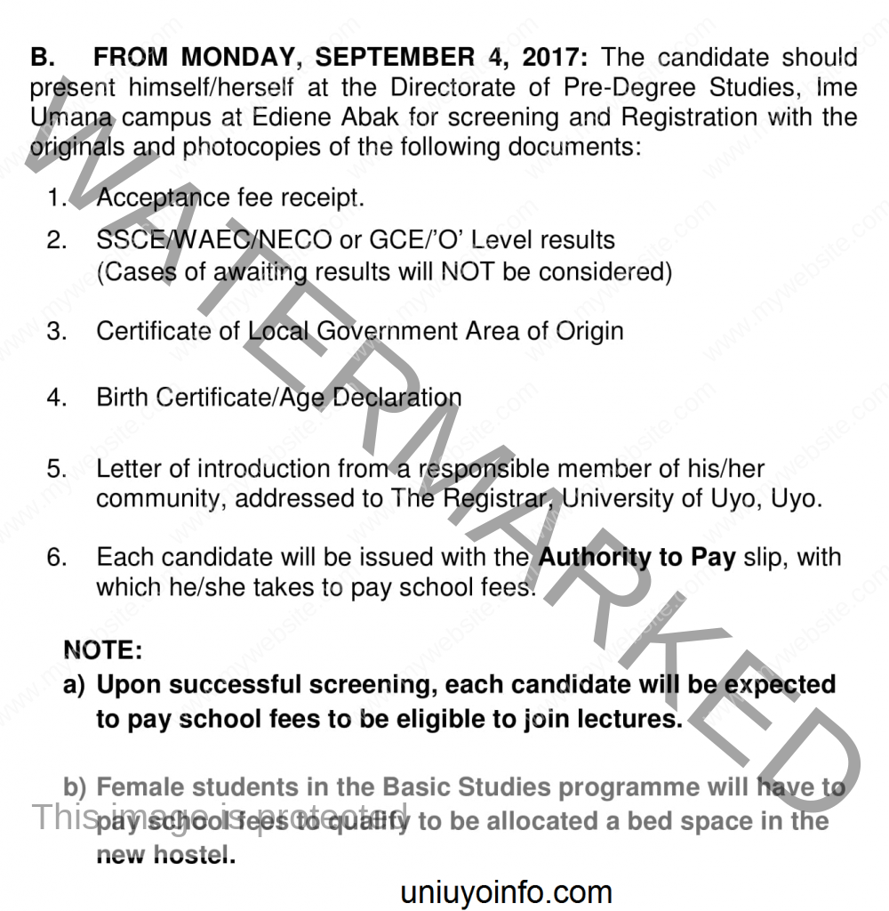 Uniuyo Basic studies screening requirements 2