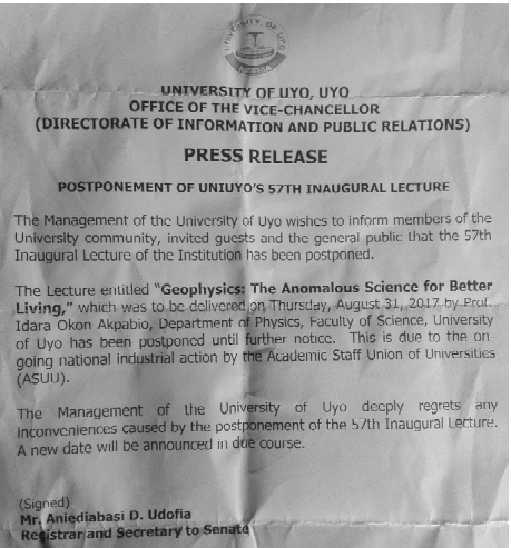 University of Uyo postpones 57th Inaugural lecture