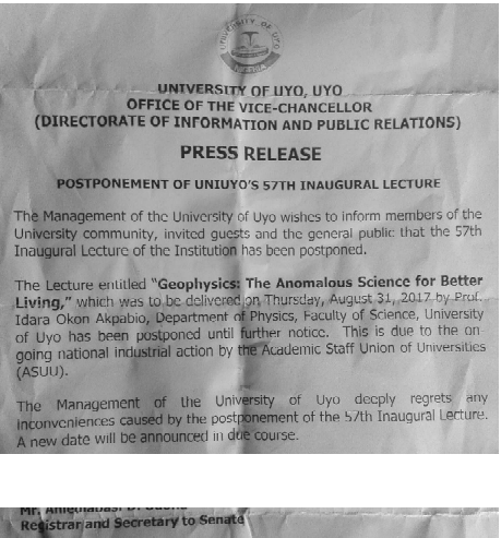 University of Uyo postpones 57th Inaugural lecture