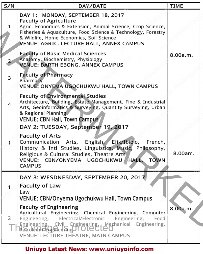 uniuyo post utme 2017 timetable