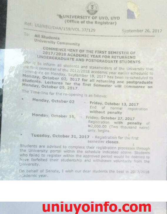 uniuyo 2017 2018 resumption announcement